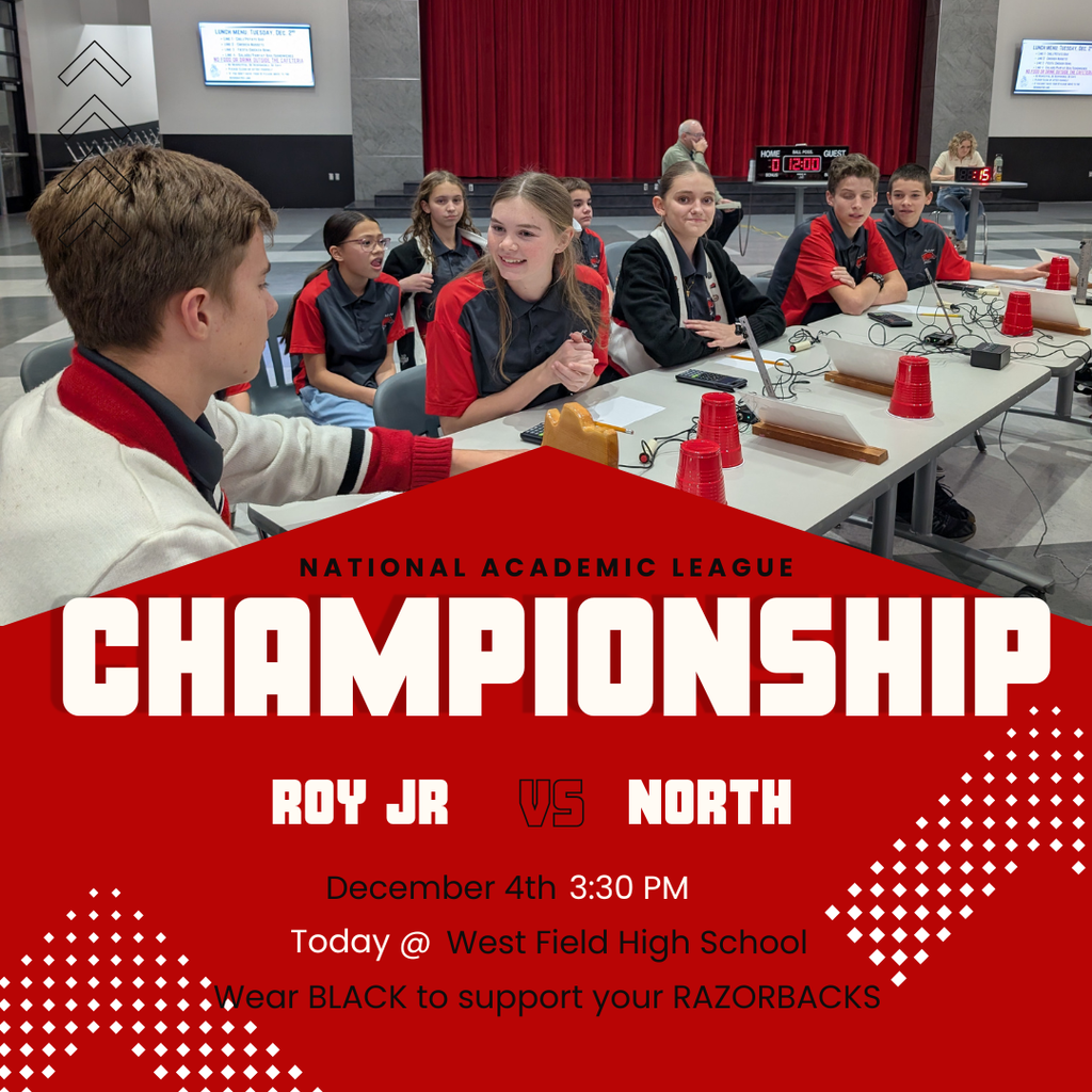 Photo of NAL buzzer team at a game and information regarding their championship game. Roy jr vs North. December 4th 3:30 ppm. Today at West Field High School. Wear black to support your Razorbacks