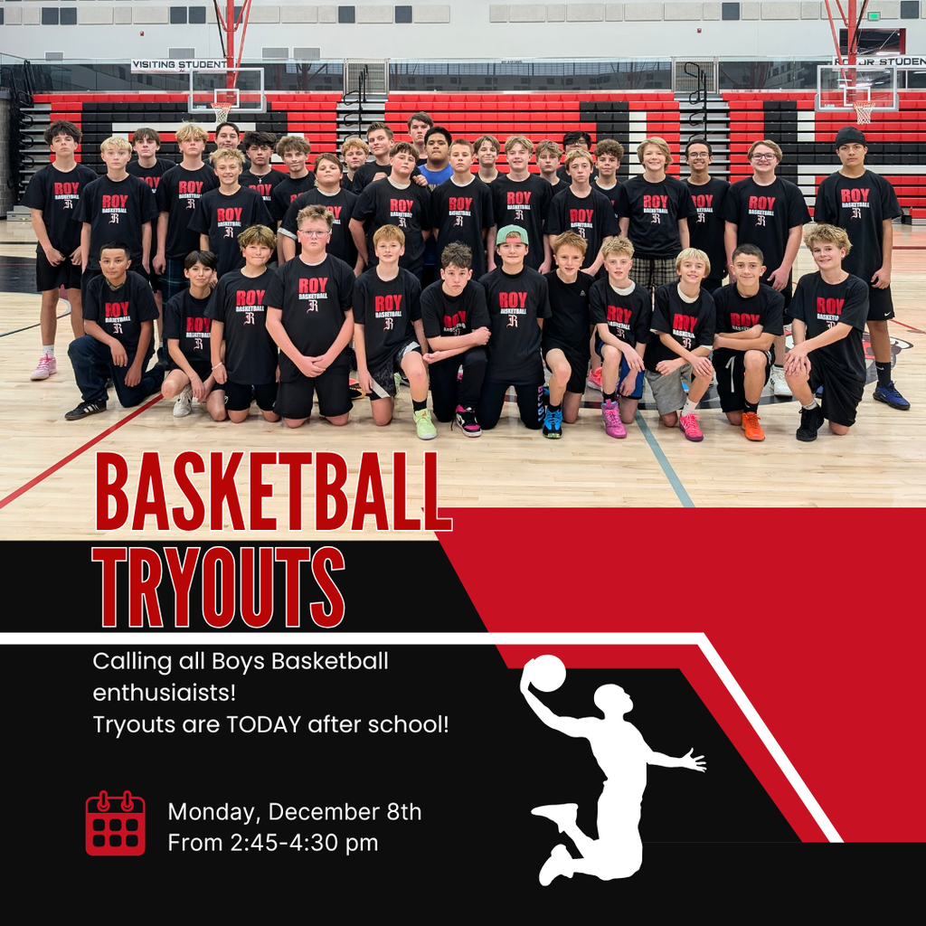 photograph of boys basketball camp participants, with information regarding tryouts. Basketball Tryouts, Calling all boys basketball enthusiaists! Tryouts are Monday after school!  Monday, Dec 8th from 2:45-4:30 pm,