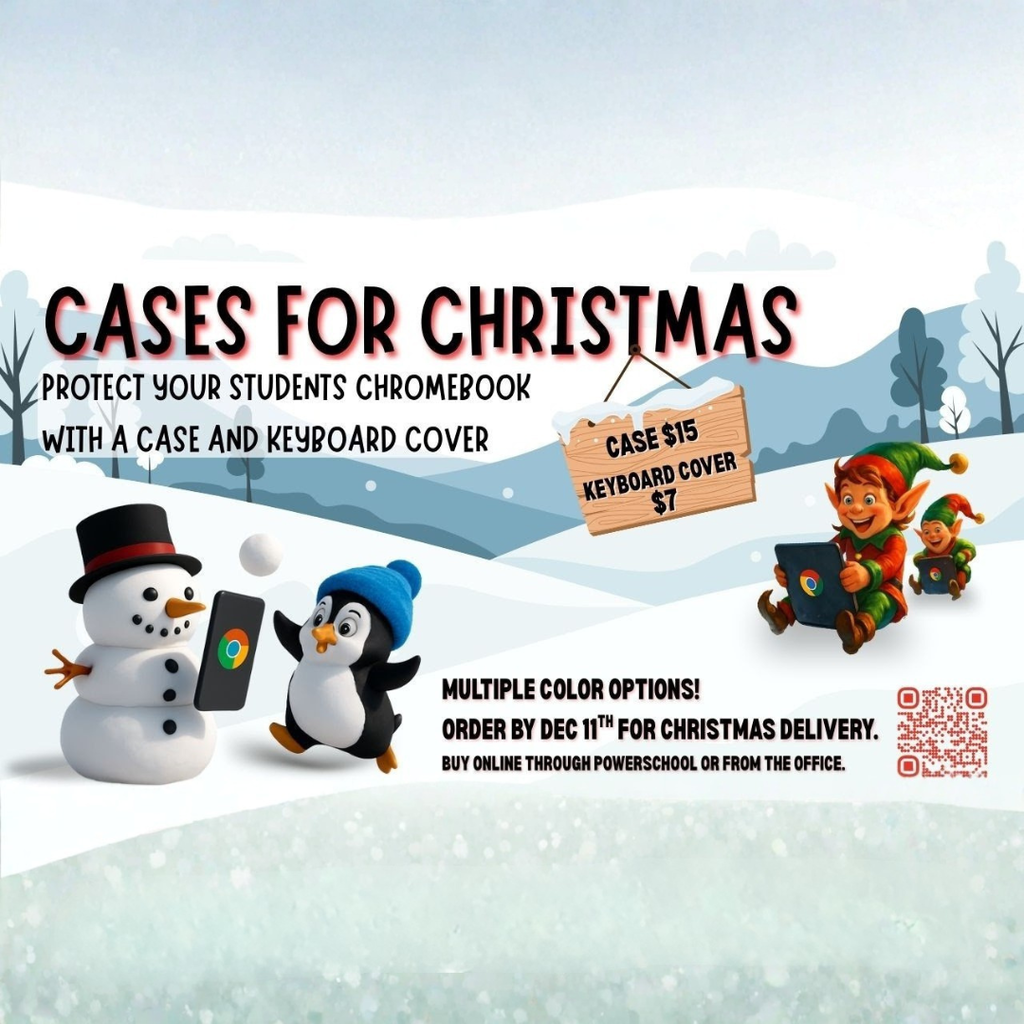 Cartoon image of penguins and children sliding down  down hills with chromebooks . Cases for Christmas. Protect your students chromebook with a case and a keyboard cover. Case $15 keyboard cover $7. Multiple color options! Order by Dec 11th for Christmas delivery. Buy online through powerschool or from the office. 