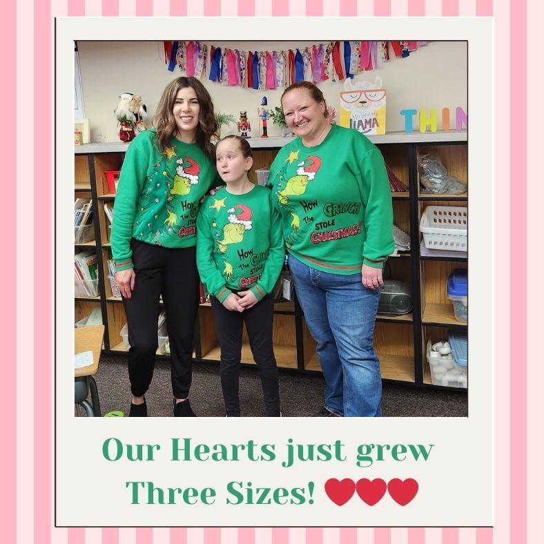 Our hearts just grew three sizes! 3 people wearing matching grinch shirts