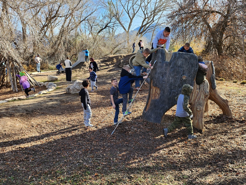 Children playing on a nature-themed playground. Several boys are climbing on a large play structure shaped like a hollowed-out log or animal. In the background, other children are using a slide and walking along a dirt path near a teepee made of branches.