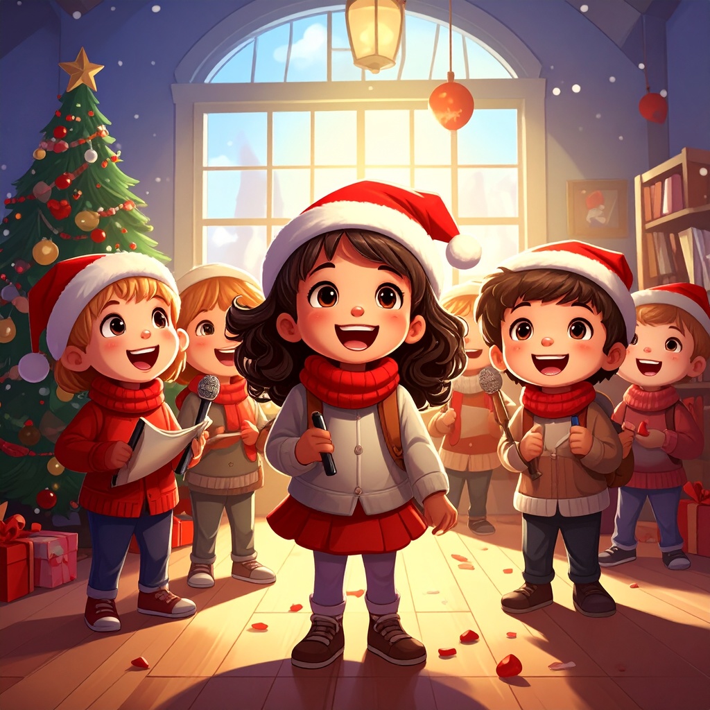Digital illustration of five happy children in a cozy room, singing into microphones and holding sheet music. They wear red Santa hats and warm sweaters. A glowing Christmas tree stands to the left, and bright sunlight streams through a large window in the background.