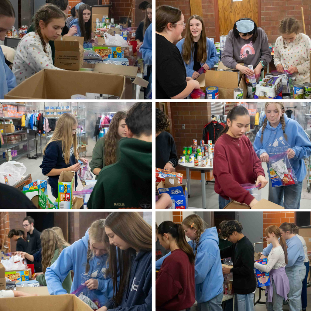 Photos of Roy Jr National Jr Honor Society members making weekend packs to help students/families in need
