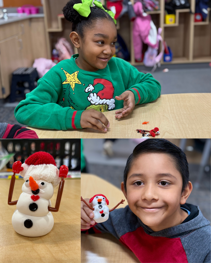 A collage featuring a young girl in a green Grinch sweater, a close-up of a handcrafted clay snowman with red mittens and a Santa hat, and a boy proudly holding his finished snowman.