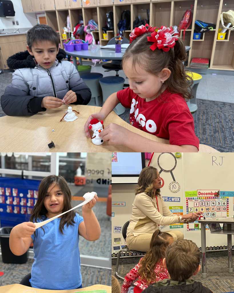 A collage showing two students building clay snowmen at a desk, a girl stretching out a piece of white clay, and a teacher demonstrating the craft in front of a December classroom calendar.