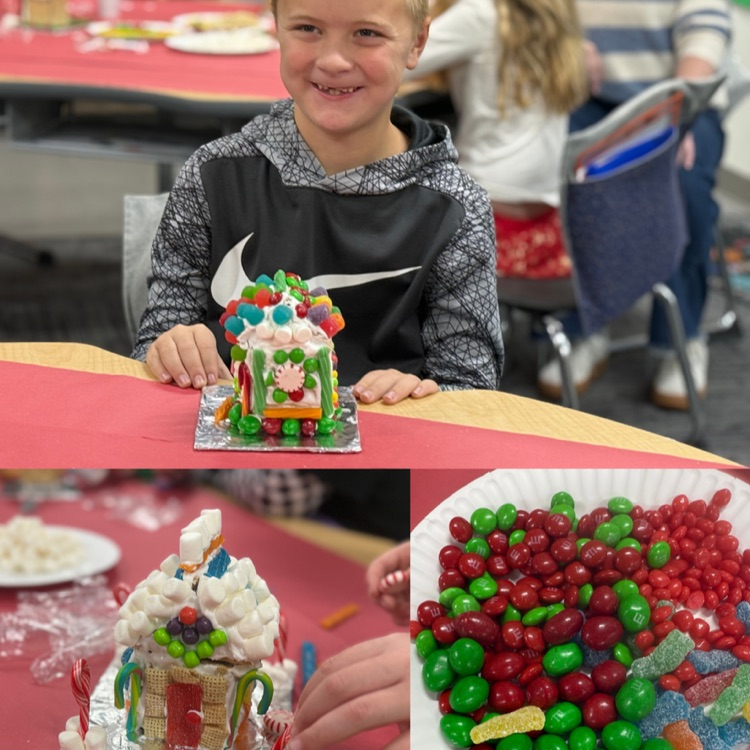 A collage showing a smiling boy with his colorful gingerbread house, a close-up of a house decorated with marshmallows and gumdrops, and a plate of red and green candies.