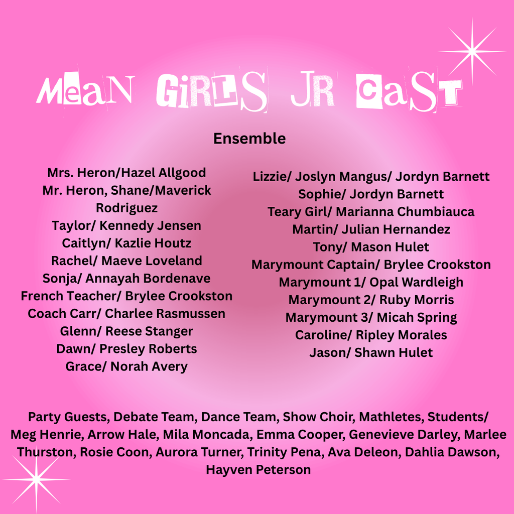 Ensemble Character or Group Name Actor Understudy Mrs. Heron Hazel Algood   Mr. Heron, Shane Maverick Rodriguez   Taylor Kennedy Jensen   Caitlyn Kazlie Houtz   Rachel Maeve Loveland   Sonja Annayah Bordenaue   French Teacher Brylee Crookston   Coach Carr Charlee Rasmussen   Glenn Reese Stanger   Dawn Presley Roberts   Grace Norah Avery   Lizzie Joslyn Mangus Jordyn Barnett Sophie Jordyn Barnett   Teary Girl Marianna Chumbiauca   Martin Julian Hernandez   Tony Mason Hulet   Mathletes Moderator Mara Dingman   Marymount Captain Brylee Crookston   Marymount 1 Opal Wardleigh   Marymount 2 Ruby Morris   Marymount 3 Micah Spring   Caroline Ripley Morales   Jason Shawn Hulet   Party Guests, Debate Team, Dance Team, Show Choir, Mathletes, Students Meg Henrie, Arrow Hale, Mila Moncada, Emma Cooper, Genevieve Darley, Marlee Thurston, Rosie Coon, Aurora Turner, Trinity Pena, Ava Deleon, Dahlia Dawson, Hayven Peterson
