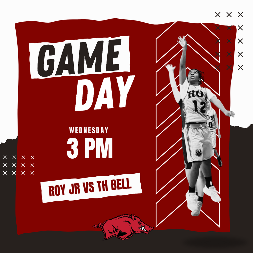 Photo of Roy Jr Boys basketball player and infomation concerning the game. Game Day wednesday 3 pm. Roy Jr vs TH Bell
