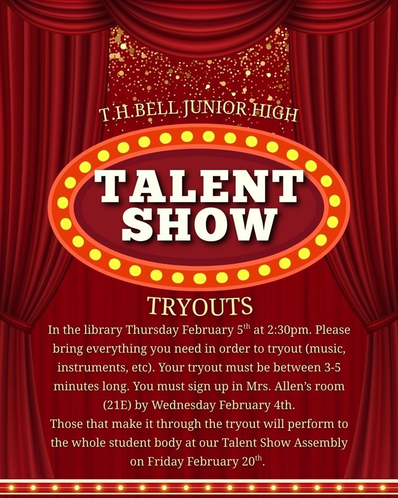 Key Talent Show Dates & Deadlines Sign-up Deadline: Wednesday, February 4th  Tryouts: Thursday, February 5th at 2:30pm  Main Performance: Friday, February 20th (Student Body Assembly)  Tryout Requirements Location: The school library.  Sign-up Process: You must sign up in Mrs. Allen’s room (21E) by the deadline.  Time Limit: Your performance must be between 3 and 5 minutes long.  Preparation: Bring everything you need to perform (instruments, music, props, etc.).