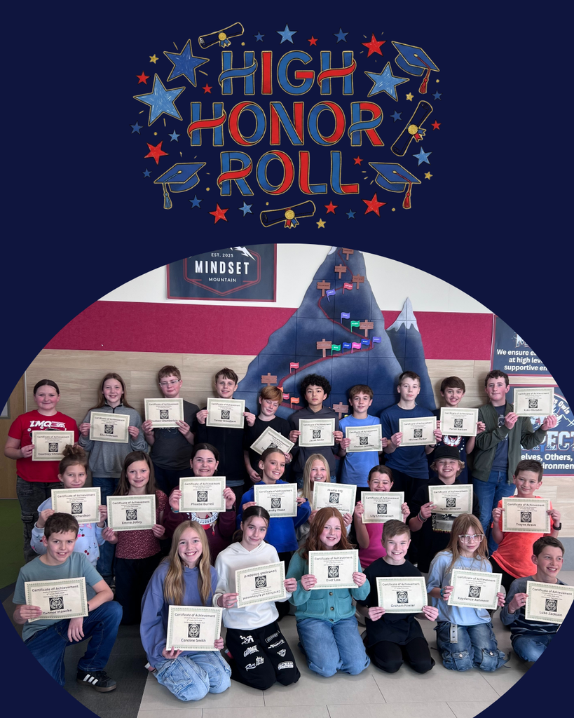 A large group photo of students arranged in rows, smiling and holding up academic certificates. Above the students is a graphic overlay against a dark blue background that reads 'HIGH HONOR ROLL' in festive red and blue typography, decorated with stars and graduation caps."