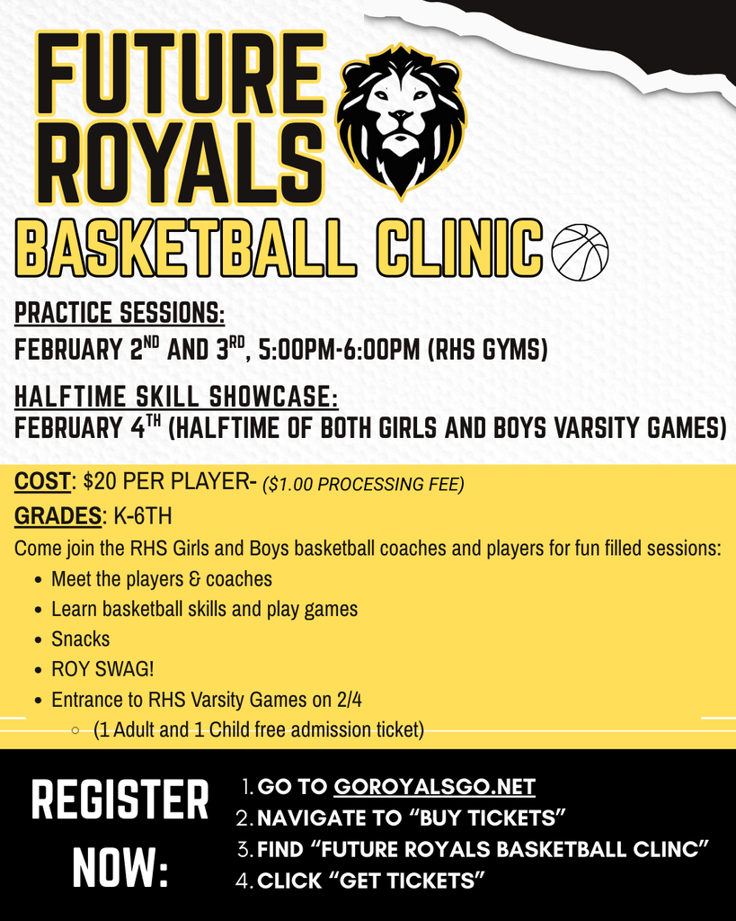 Future Royals basketball clinic. K-6th come and learn skills on Feb 2nd and 3rd and show them off at the games on Feb 4th
