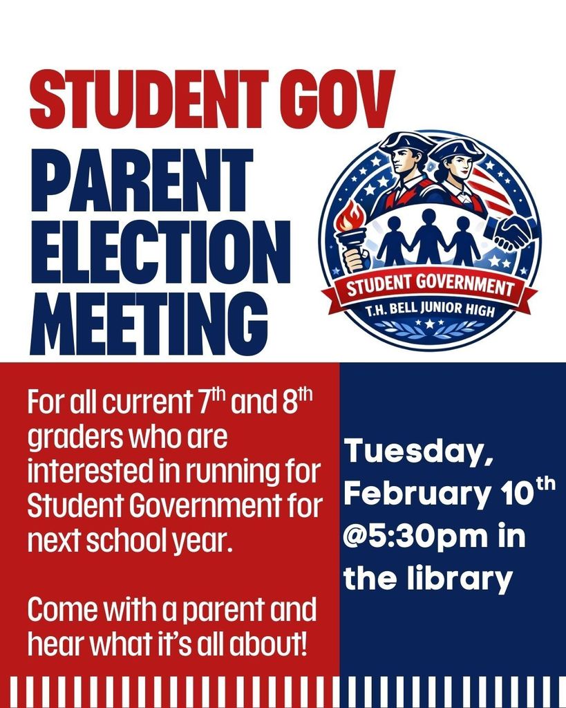 parent election meeting for all currect 7th and 8th graders who are interested in running for Student Governement for next school year. Come with a parent and hear what it's all about Tuesday February 10 5:30 pm in the library 