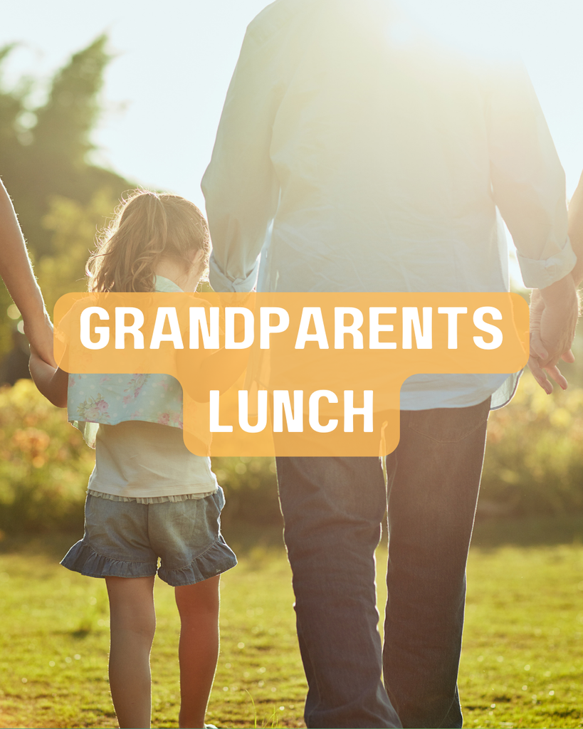 image of people holding hands walking with caption grandparents lunch