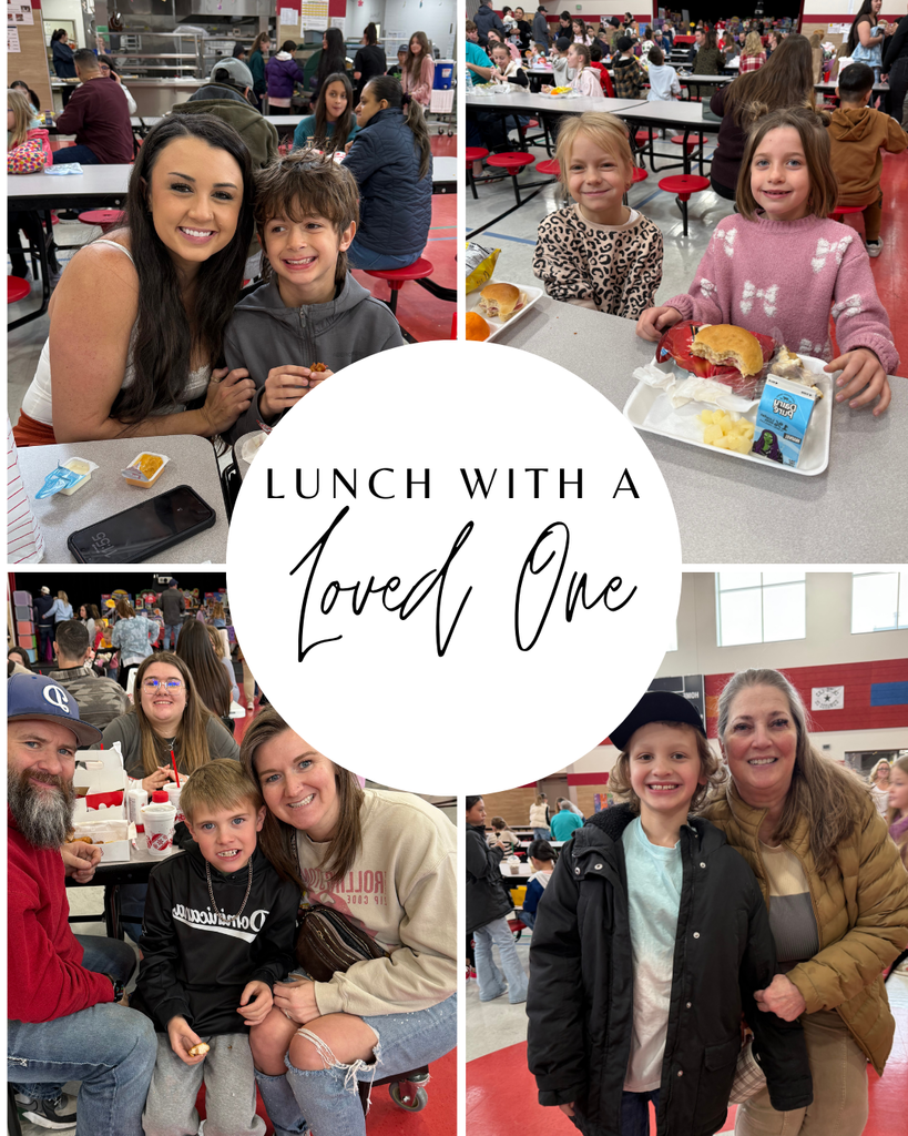 A four-panel photo collage centered around a white circle with text that reads "LUNCH WITH A Loved One."  The surrounding photos show elementary school students smiling and sitting at cafeteria tables with visiting adults.