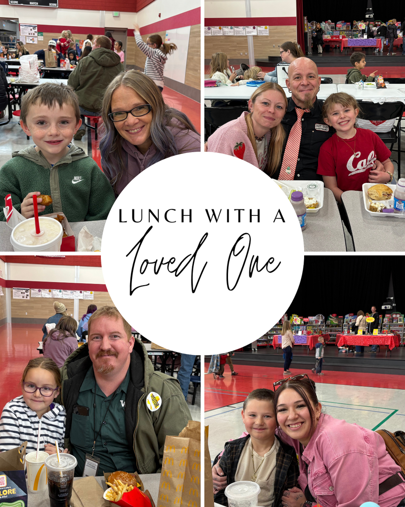 A four-panel photo collage centered around a white circle with text that reads "LUNCH WITH A Loved One."  The surrounding photos show elementary school students smiling and sitting at cafeteria tables with visiting adults.
