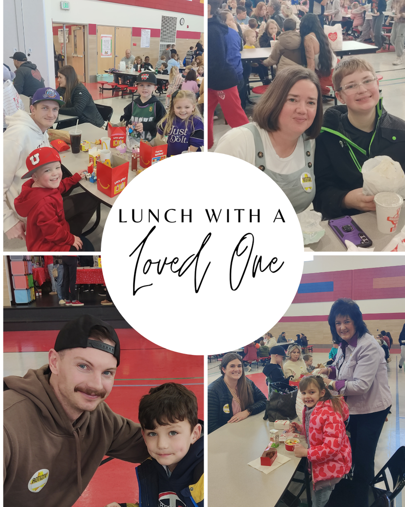 A four-panel photo collage centered around a white circle with text that reads "LUNCH WITH A Loved One."  The surrounding photos show elementary school students smiling and sitting at cafeteria tables with visiting adults.
