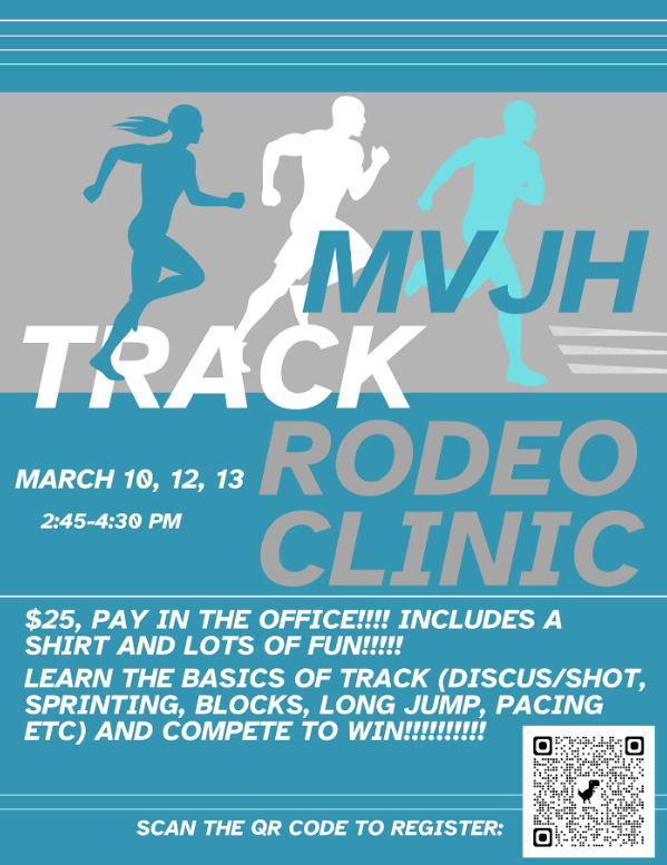 🏃‍♂️🐎 TRACK RODEO CLINIC 🐎🏃‍♀️ 📅 March 10, 12 & 13 ⏰ 2:45–4:30 PM 💲 $25 (Pay in the office) 👕 Includes a t-shirt & LOTS of fun!  Come learn the basics of track and put your skills to the test! 🏃 Sprinting & blocks 🥏 Shot put & discus 🏅 Long jump ⏱️ Pacing & race strategies …and more!  🎯 Learn, compete, and win! 📲 Scan the QR code to register