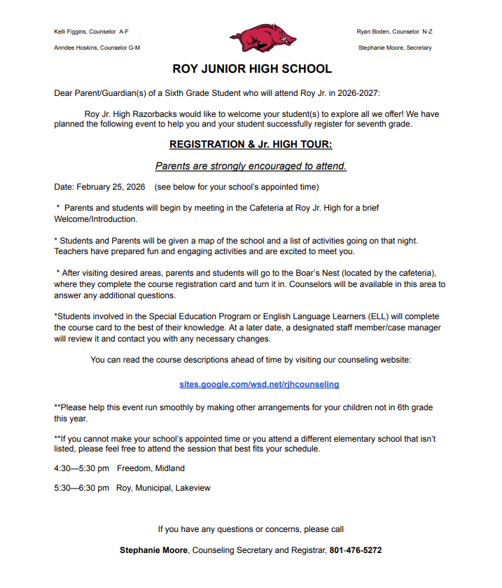 6th Grade Registration Night Roy Jr