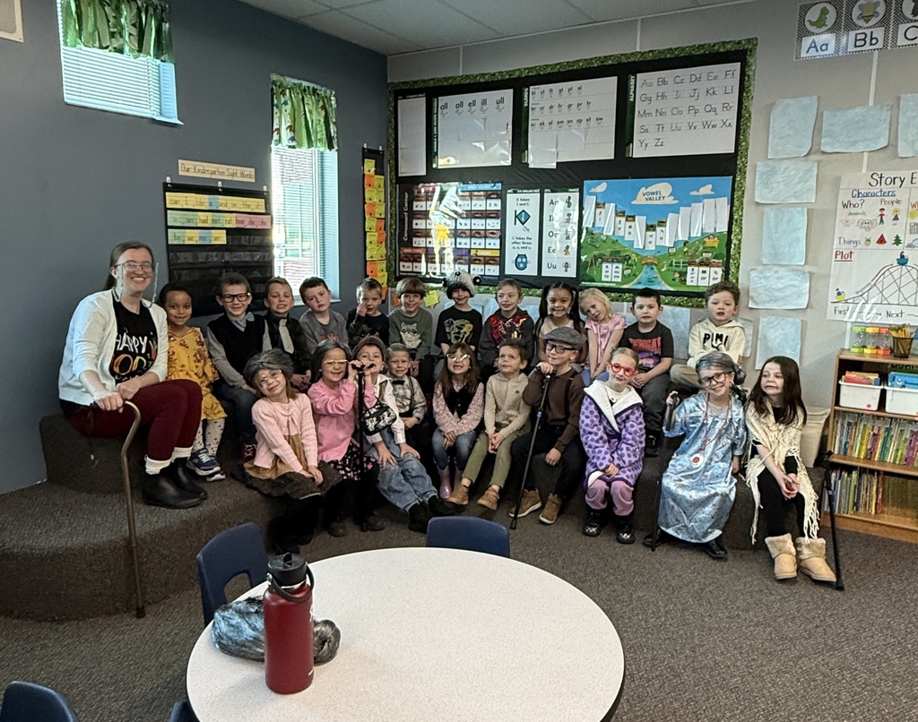 100 Days of School celebration with Kindergarten and first. They Nailed the costumes. Pictures of all the kids parading the halls and enjoying the activities.
