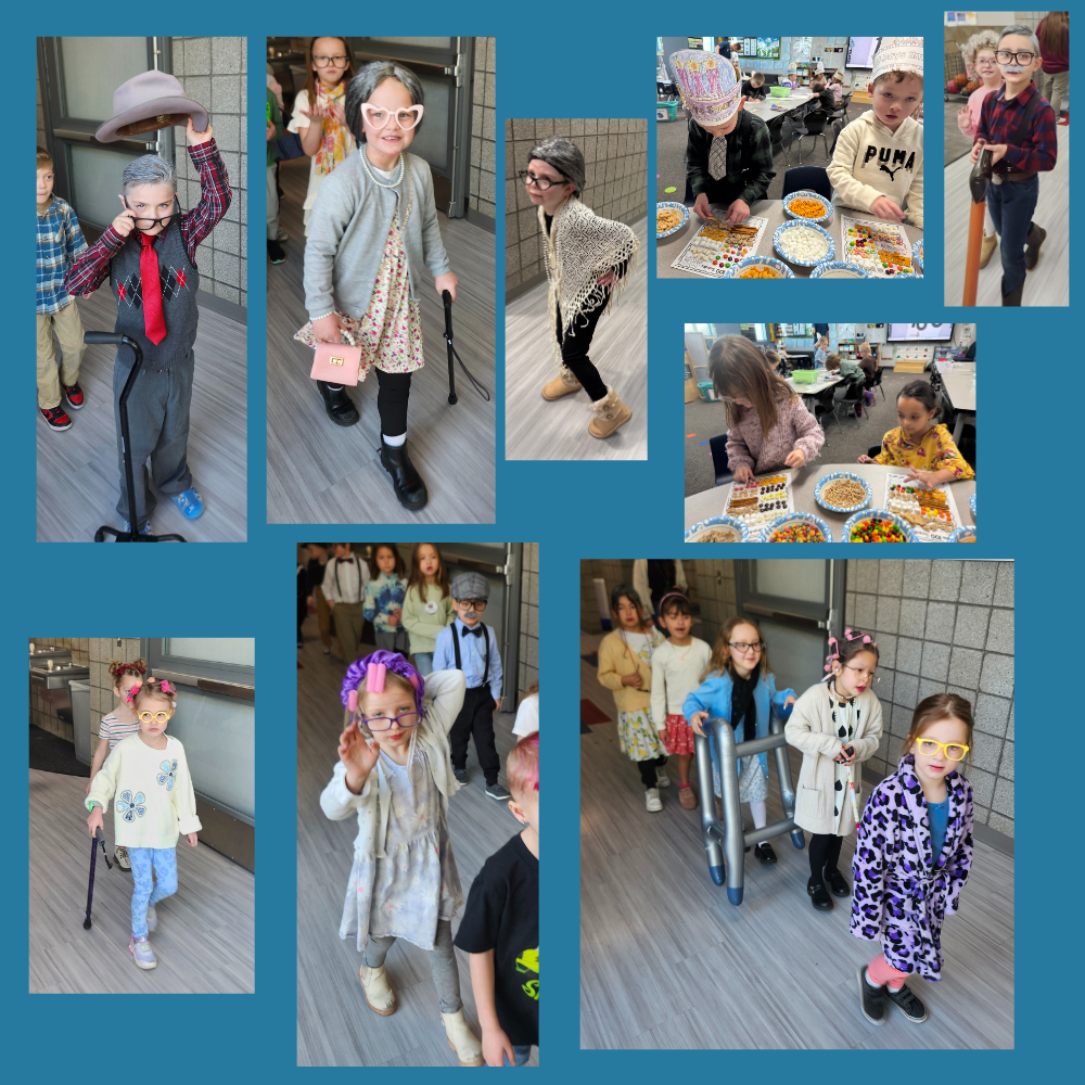 100 Days of School celebration with Kindergarten and first. They Nailed the costumes. Pictures of all the kids parading the halls and enjoying the activities.