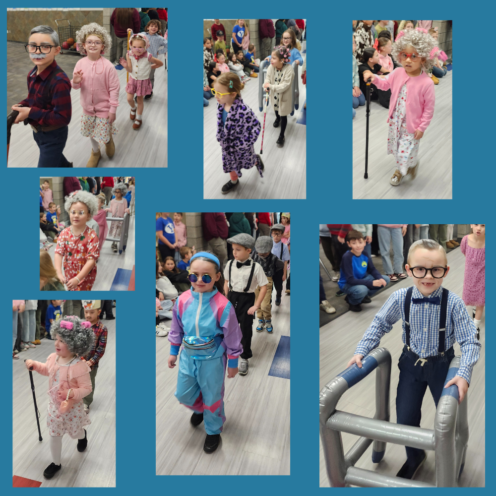100 Days of School celebration with Kindergarten and first. They Nailed the costumes. Pictures of all the kids parading the halls and enjoying the activities.