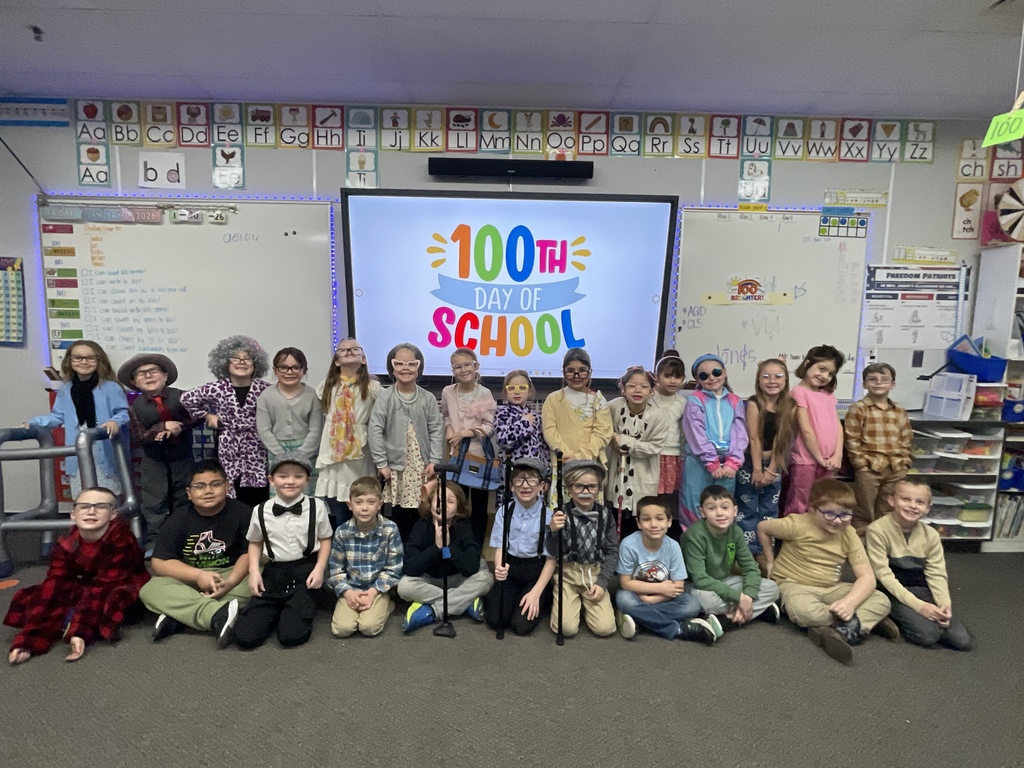 100 Days of School celebration with Kindergarten and first. They Nailed the costumes. Pictures of all the kids parading the halls and enjoying the activities.