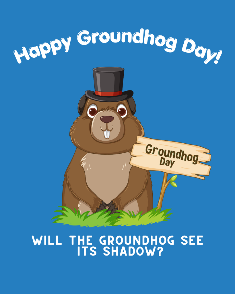 A festive Groundhog Day graphic on a solid blue background. A brown cartoon groundhog wearing a black top hat with a red ribbon sits behind a patch of green grass. To its right is a rustic wooden sign that reads "Groundhog Day." White text at the top reads, "Happy Groundhog Day!" and white text at the bottom asks, "WILL THE GROUNDHOG SEE IT’S SHADOW?"