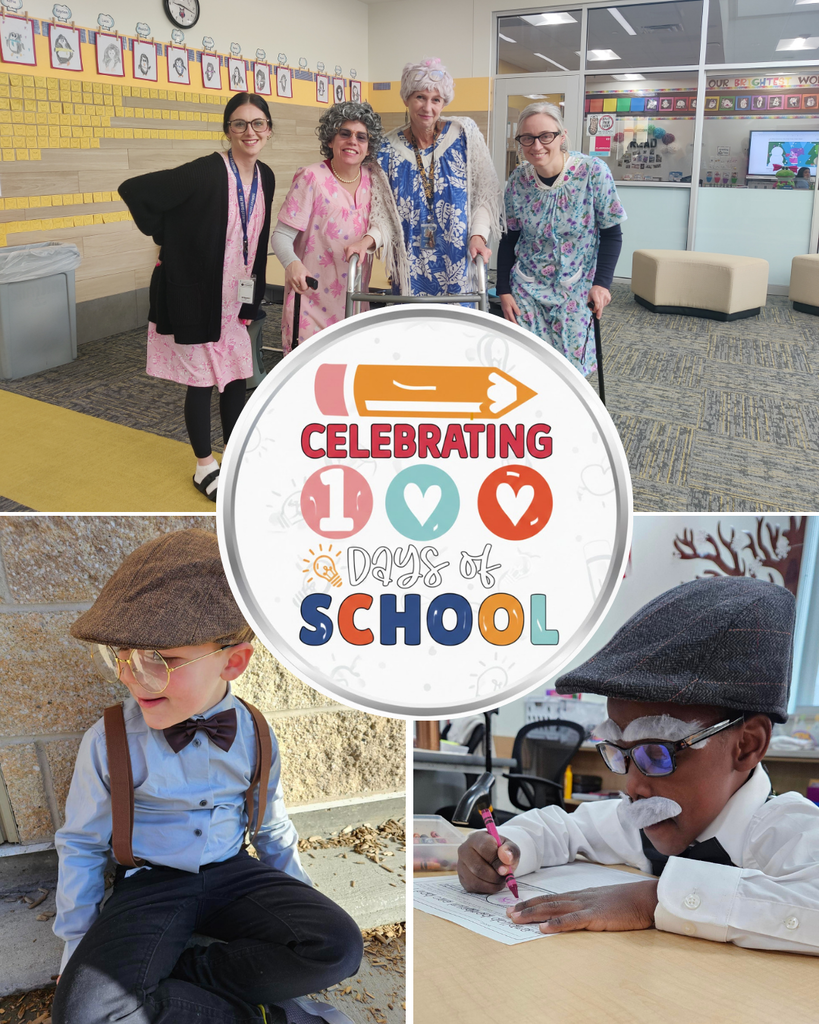 A three-part photo collage celebrating the 100th day of school.  A circular graphic in the center reads "Celebrating 100 Days of School" decorated with a pencil and hearts. Various students and teachers dressed up to show age. 