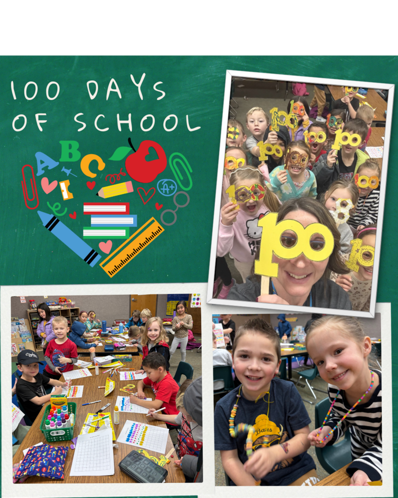 A collage of 3  pictures of kindergarteners on 100 days of school.  The pictures show students and their teacher with  "100" shapped glasses, coloring, an making 100 necklaces with cereal.  The pictures are on a gree chalkboard  background. There is a title that says "100 Days  of  School" in white chalk.  Below the title there is a heart made out of school supplies, such as  a yellow ruler, blue crayon,  yellow pencil, mult colored stack of books, a red apple, and  multi color paper clips.  