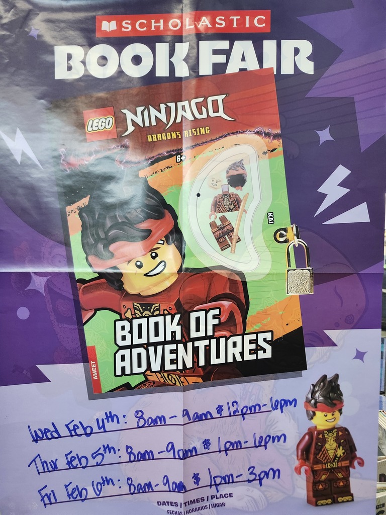 Book Fair Hours, Wed Feb 4th 8-9 am and 12-6pm,  Thurs Feb 5th 8-9am and 1-6pm, Friday Feb 6th 8-9 am and 1-3pm