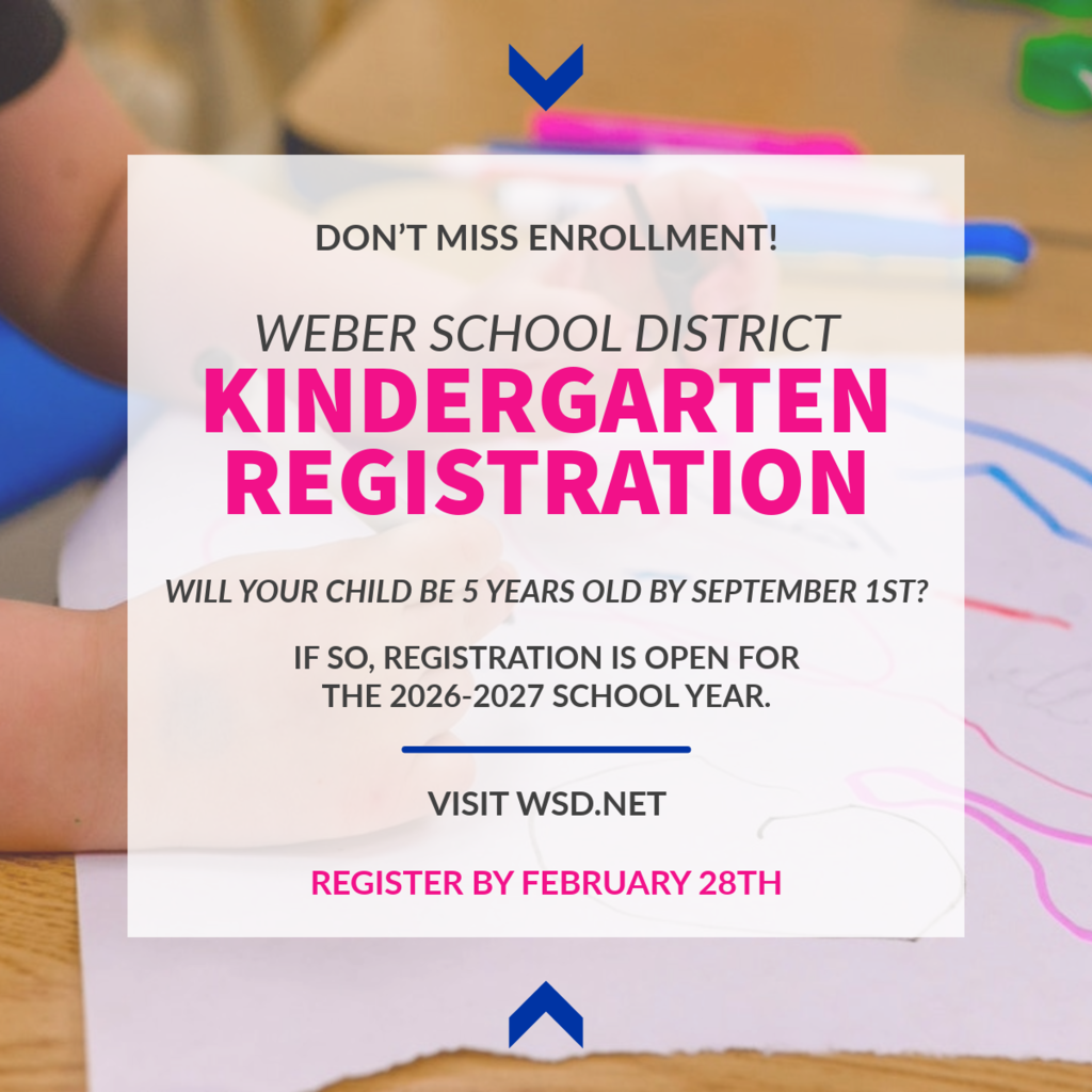 A social media announcement for Weber School District Kindergarten Registration. The graphic features a central white square over a blurred background of a child drawing with markers.  Key Information Included in the Graphic:  Header: "DON’T MISS ENROLLMENT!".  Main Title: "WEBER SCHOOL DISTRICT KINDERGARTEN REGISTRATION" in bold pink and blue letters.  Eligibility: "WILL YOUR CHILD BE 5 YEARS OLD BY SEPTEMBER 1ST?".  School Year: Registration is open for the 2026-2027 school year.  Call to Action: "VISIT WSD.NET" and "REGISTER BY FEBRUARY 28TH".