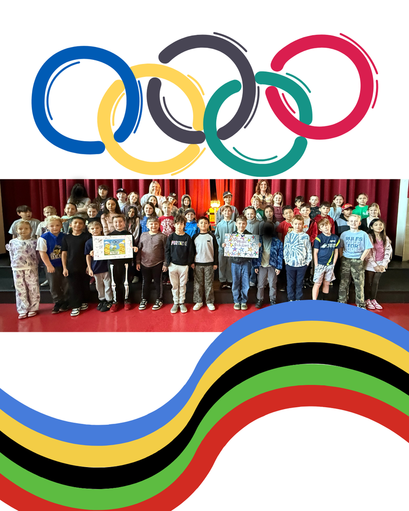 A celebratory graphic featuring stylized Olympic rings at the top. In the center, a large group of elementary school students and teachers pose on a stage with red curtains. Two students in the front row hold handmade posters, one with drawings and another that reads "Music Rockstars." Wavy bands of blue, yellow, black, green, and red sweep across the bottom right corner.