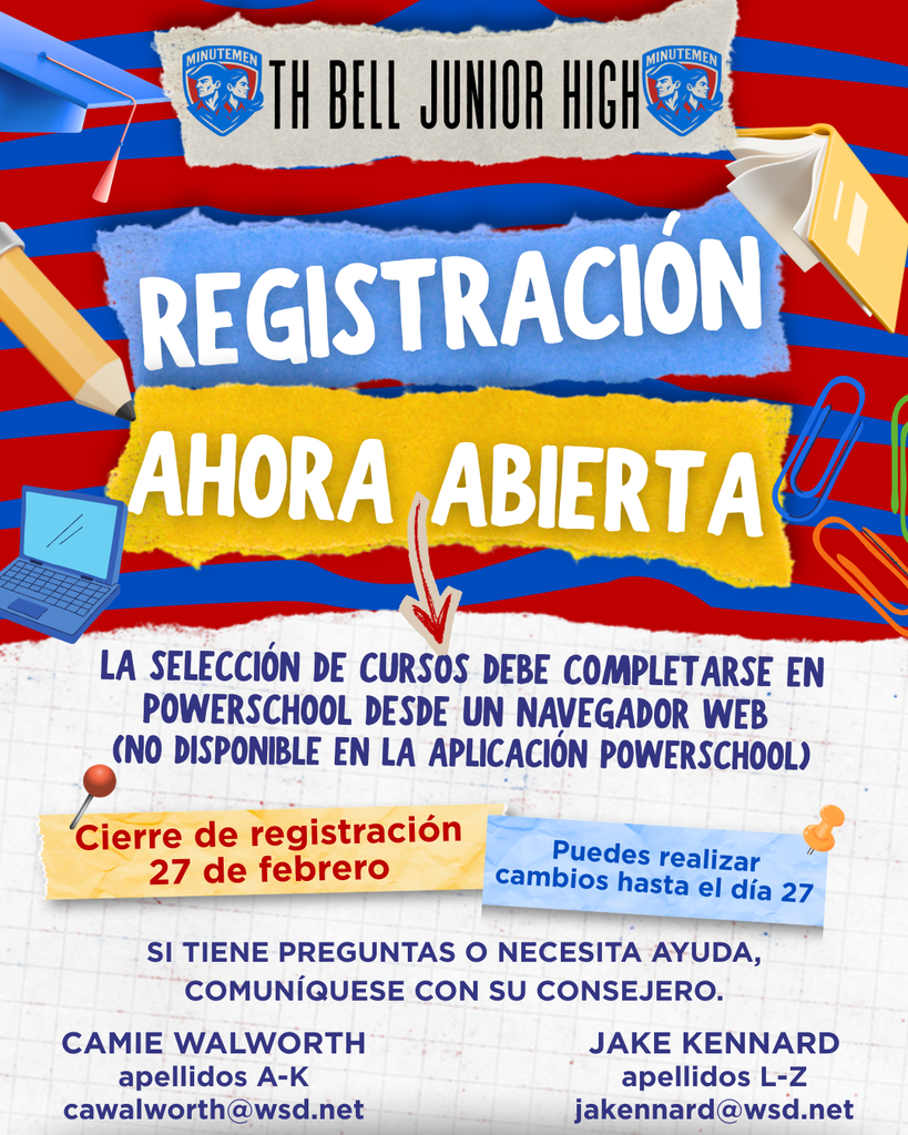 📣 ¡Atención Minutemen! ¡La inscripción de cursos ya está ABIERTA! 📣 ¡Es hora de planificar tu camino para el próximo año! 🚀 Las selecciones de cursos para T.H. Bell Junior High ya están disponibles oficialmente. ¡Asegúrate de elegir tus materias antes de la fecha límite! 🗓️ 📝 Los Detalles: Dónde: Completa tu selección en PowerSchool usando un navegador web 💻 (Nota: ¡No funciona en la aplicación móvil! 🚫📱) Fecha límite: La inscripción cierra el 27 de febrero ⏰ Flexibilidad: ¡Puedes hacer cambios en tus opciones hasta el mismo día 27! 🔄 🤝 ¿Necesitas ayuda? ¡Nuestros increíbles consejeros están listos para apoyarte! Contacta al que te corresponda según tu apellido: Apellidos A-K: Camie Walworth 📧 cawalworth@wsd.net Apellidos L-Z: Jake Kennard 📧 jakennard@wsd.net ¡Hagamos que el próximo año sea el mejor de todos! 🐐🔥 #THBellJuniorHigh #Minutemen #Inscripciones #VidaEscolar #OrgulloMinutemen ¿Te gustaría que redacte un mensaje de texto corto (SMS) para enviar a los padres como recordatorio rápido? 📱✨