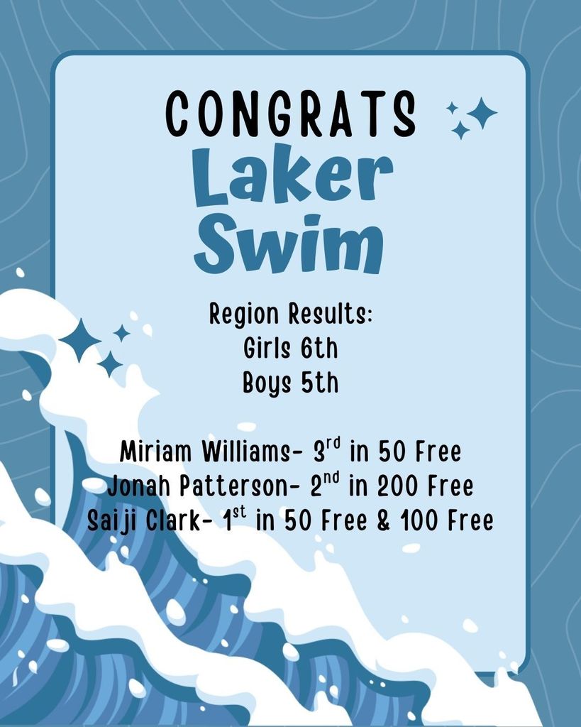 Congrat to Laker Swim! Girls took 6th and Boys took 5th. We had some incredible individual finishes. Miriam Williams 3rd in the 50 Free, Jonah Patterson 2nd in the 200 Free and Saiji Clark 1st in the 50 Free and 100 Free. Congratulations Lakers!