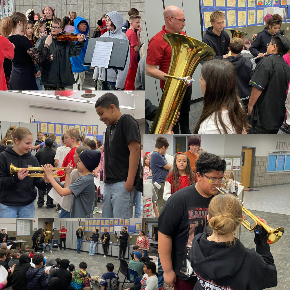 Roy Jr High came to Freedom Elementary to Bring us an "Instrument Petting Zoo" such a fine time our 6th grades tried out Tubas, Trumpets, Violins, Cellos, etc .So much Fun!!