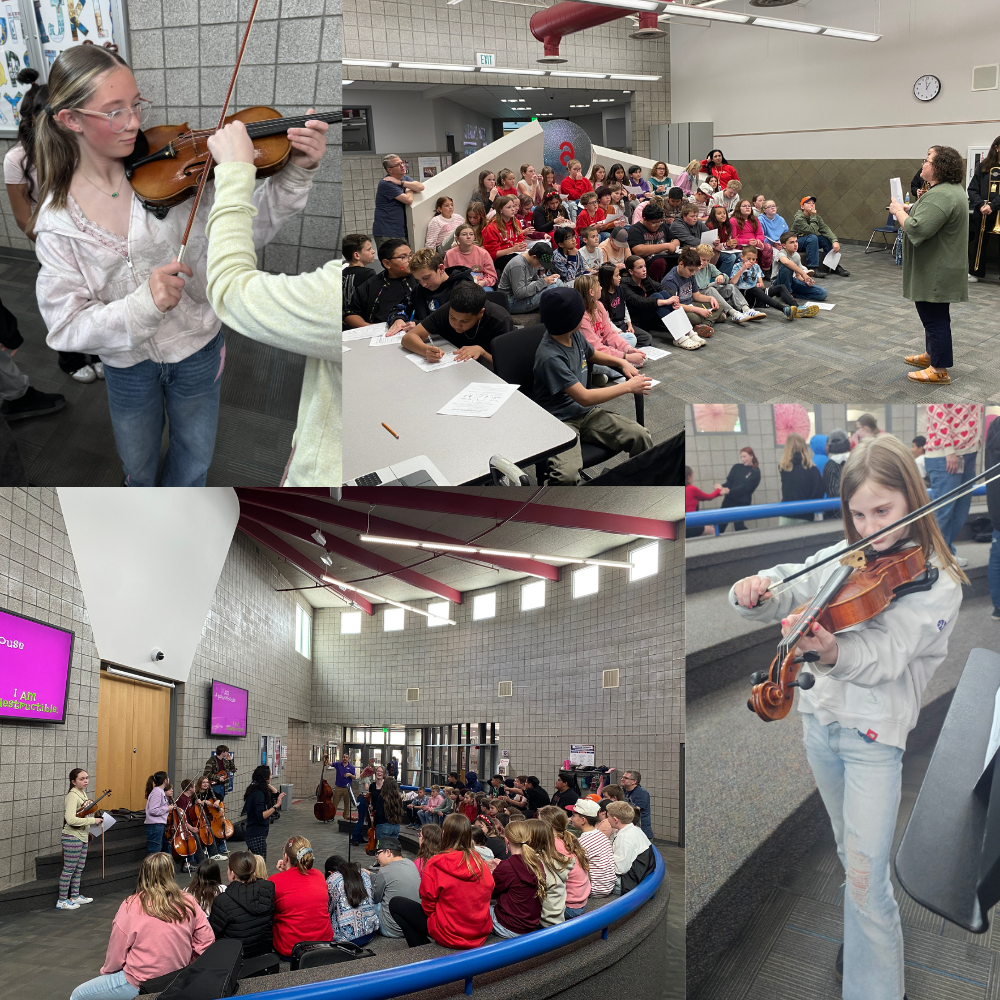 Roy Jr High came to Freedom Elementary to Bring us an "Instrument Petting Zoo" such a fine time our 6th grades tried out Tubas, Trumpets, Violins, Cellos, etc .So much Fun!!