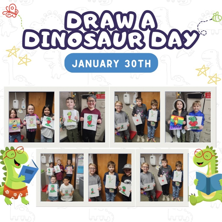 A collage titled "Draw a Dinosaur Day, January 30th." It features seven photos of elementary students proudly holding their dinosaur drawings. The graphic is decorated with two green cartoon dinosaurs wearing red glasses and reading books.
