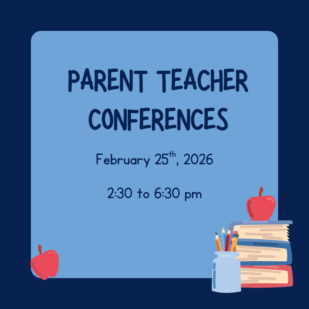 Graphic for Parent Teacher Conferences on February 25th, 2026, from 2:30 to 6:30 pm, set against a light blue rounded square on a dark navy background. The design includes school-themed illustrations in the bottom corners: a single red apple on the left, and a stack of books with another red apple on top next to a jar of pencils on the right.