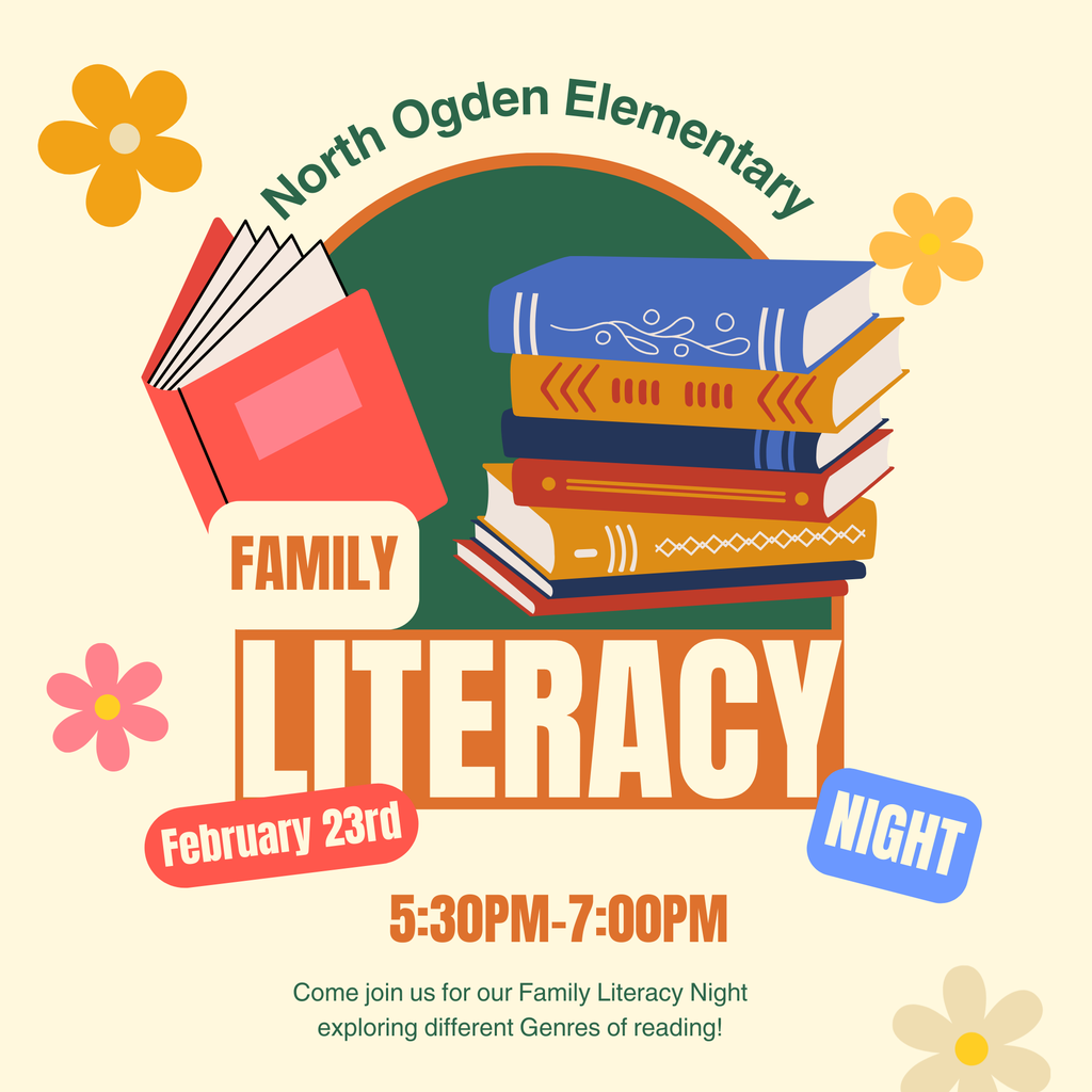 An event flyer for North Ogden Elementary Family Literacy Night on a cream-colored background decorated with simple yellow and pink flowers. The central graphic features a tall stack of colorful hardcover books with one open red book leaning against them. Large, bold text in the center reads "FAMILY LITERACY NIGHT". Additional colored text boxes provide the date and time: "February 23rd" and "5:30PM-7:00PM". A sentence at the bottom invites families to "Come join us for our Family Literacy Night exploring different Genres of reading!".