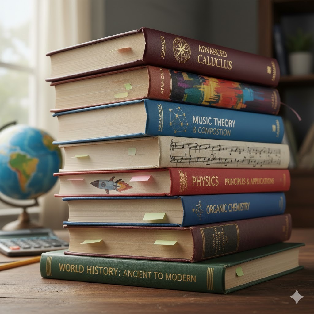 stack of books from different subjects