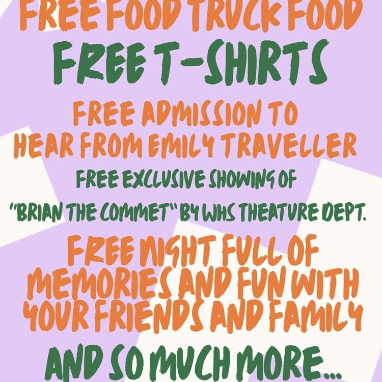 Free shirts. free admission to hear Emily Traveler Free night of memories and fun. written in orange and green text on purple and orange text on purple and cream background 