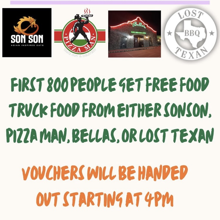food trucks starting at 4pm - 6pm. first 800 people. pizza man. sun sun and lost Texan bbq 