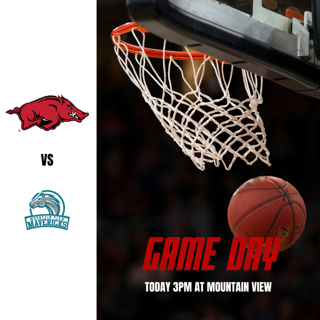 Photograph of a basketball hoop and a ball. Game Day. Today at 3pm at Mountiain View. 