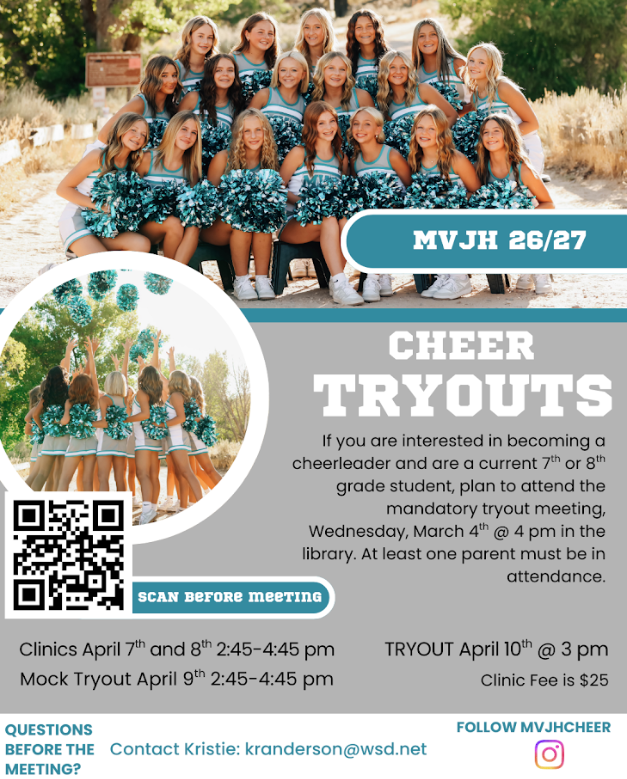 MVJH CHEER TRYOUTS 26/27 If you are interested in becoming a cheerleader and are a current 7th or 8th grade student , plan to attend the MANDAROTY tryout meeting, Wednesday, March 4th @4pm in the library. At least one parent must be in attendance. Clinics: April 7th and 8th 2:45-4:45PM Clinic fee is $25 Mock Tryout: April 9th 2:45-4:45PM Tryout: April 10th 3PM Folloe MVJHCHEER on Intstagram