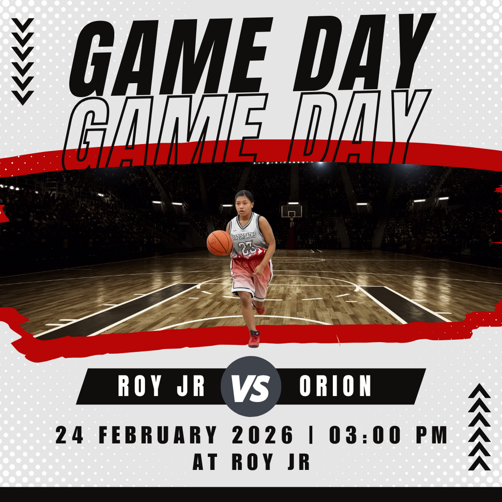 Photo of Roy Jr girls backsetball player with information regarding the game. GAME DAY. Roy jr vs Orion. 24 february 2026, 3:00 pm at Roy Jr. 