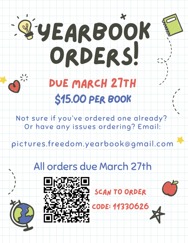 yearbooks for sale! Sales end on March 27th. $15 per book.   https://ybpay.lifetouch.com/Order/SelectJob?isAdvertisementOnly=False  use code: 11330626