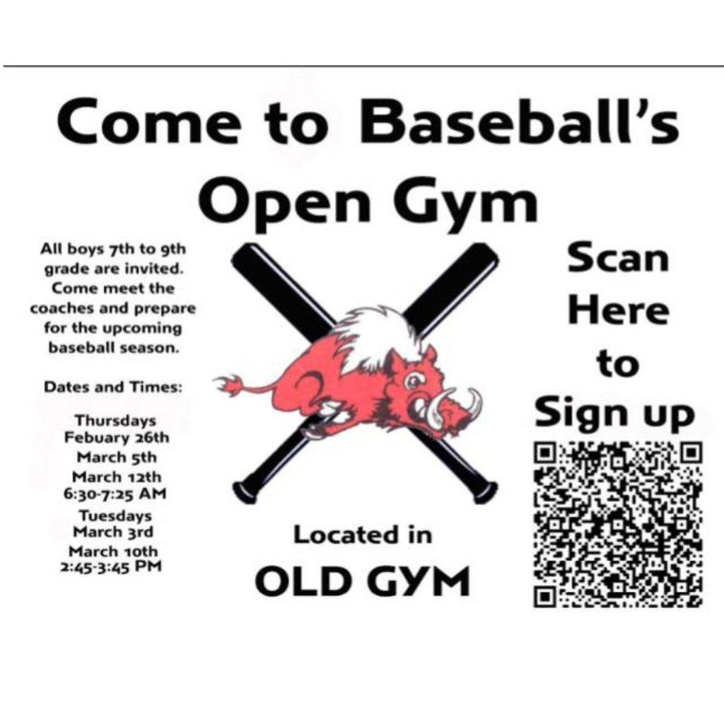 Infographic about Roy Jr Baseball open gym. All boys 7th-9th grade are invited. Come meet the coaches and prepare for the upcoming baseball season. Dates and Times: Thursdays: March 5th, March 12th 6:30-7:25 AM. Tuesdays :March 3rd and March 10th 2:45-3:45 PM Located in the old gym. Scan the qr code to sign up. 