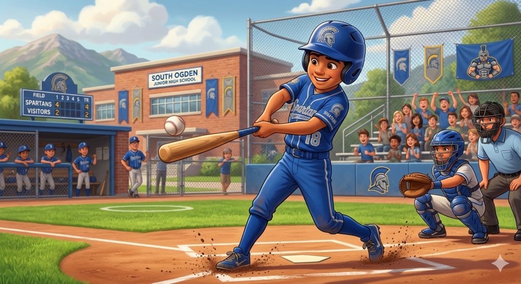 A Pixar-style illustration shows a young baseball player, wearing a blue South Ogden Junior High Spartans uniform with number 18 and a Spartan logo on his helmet, mid-swing in a packed stadium. Behind him, the brick junior high building features a scoreboard that reads 'FIELD, 1 2 3 4 5, R, Spartans 4, Visitors 2', and banners with Spartan logos hang from the fence. Fans fill the stands, cheering as he prepares to hit the ball. The umpire and catcher watch from behind the plate.