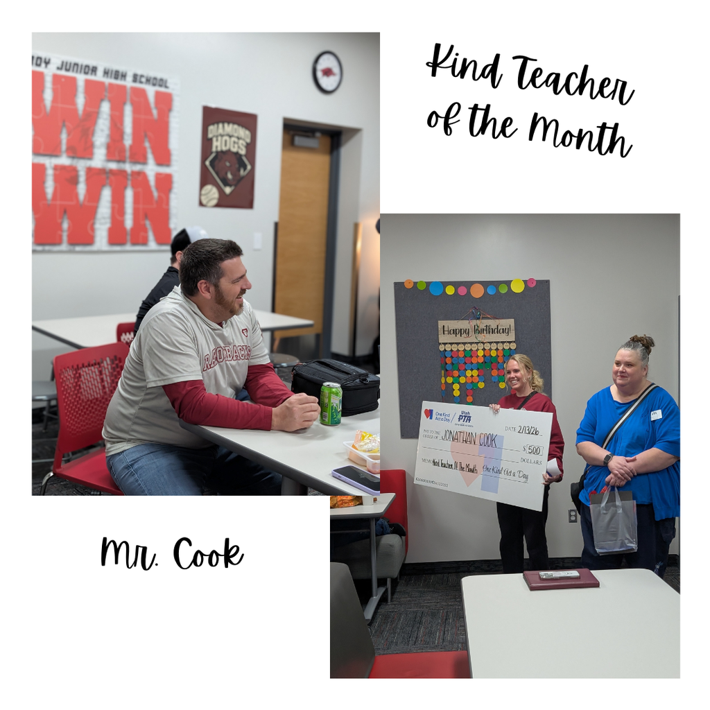 photos of Mr Cook receiving an award from the Utah PTA for being the Kind Teacher of the Month