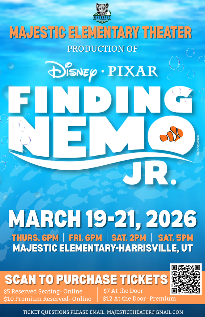 Finding Nemo Jr. March 19-21, 2026 - Thurs. 6 pm,  Fri. 6 pm, Sat. 2 pm, Sat. 5 p.m. - Scan to Purchase tickets qr code- $5 Reserved Seating - Online $10 Premium Reserved - Online $7 At the Door - $12 At the Door - Premium - Questions please Email: Majestictheater@gmail.com